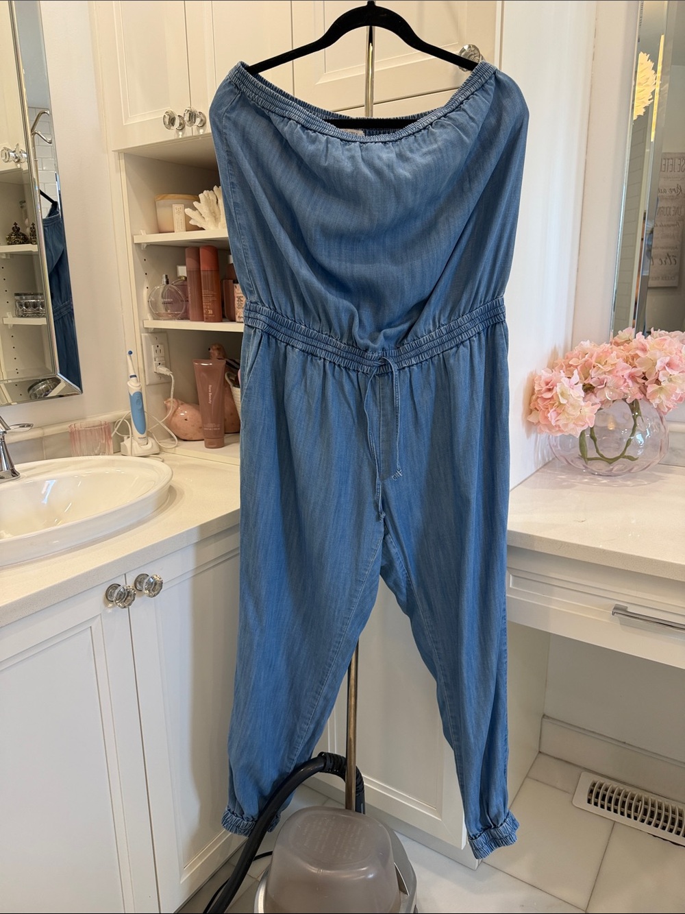 Aritzia Talula Light Blue Strapless Denim-Style Jumpsuit